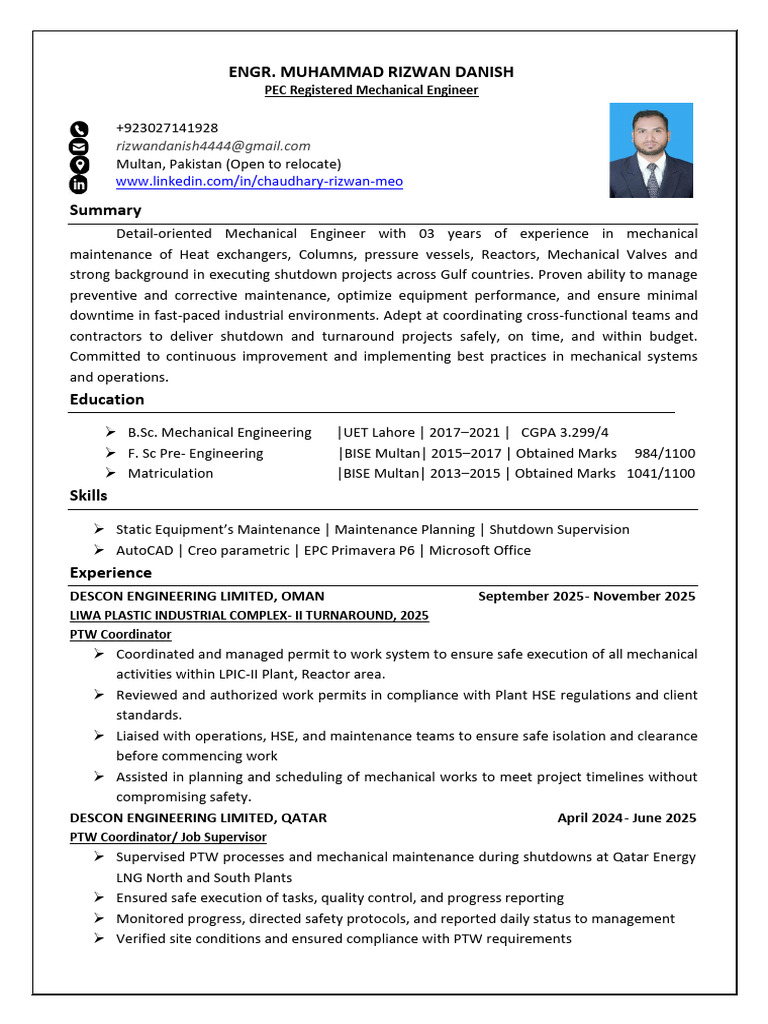 Engr. Rizwan Resume | PDF | Mechanical Engineering | Energy Technology