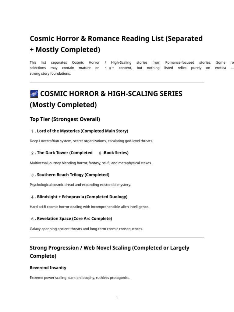 Cosmic Horror Reading List | PDF | Horror Fiction | Subgenres