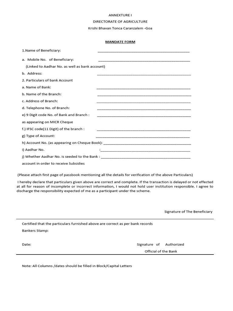Mandate Form New Goa Agriculture | PDF | Cheque