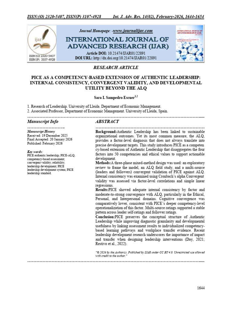Pice As A Competency-Based Extension of Authentic Leadership: Internal ...