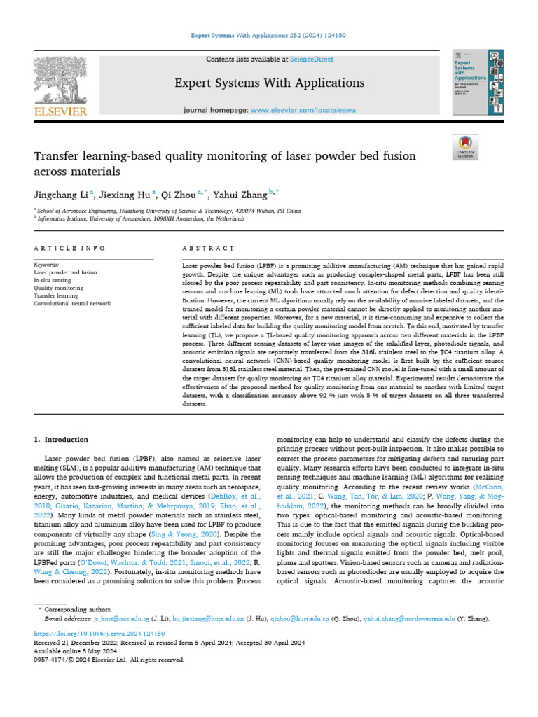 Transfer Learning Based Quality Monitoring of Laser 2024 Expert Systems ...