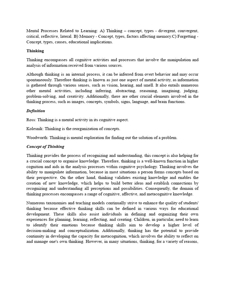 EP II - Unit 5 - Mental Processes Related To Learning | PDF | Thought ...