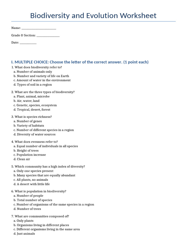 Biodiversity and Evolution Worksheet | PDF | Biodiversity | Extinction