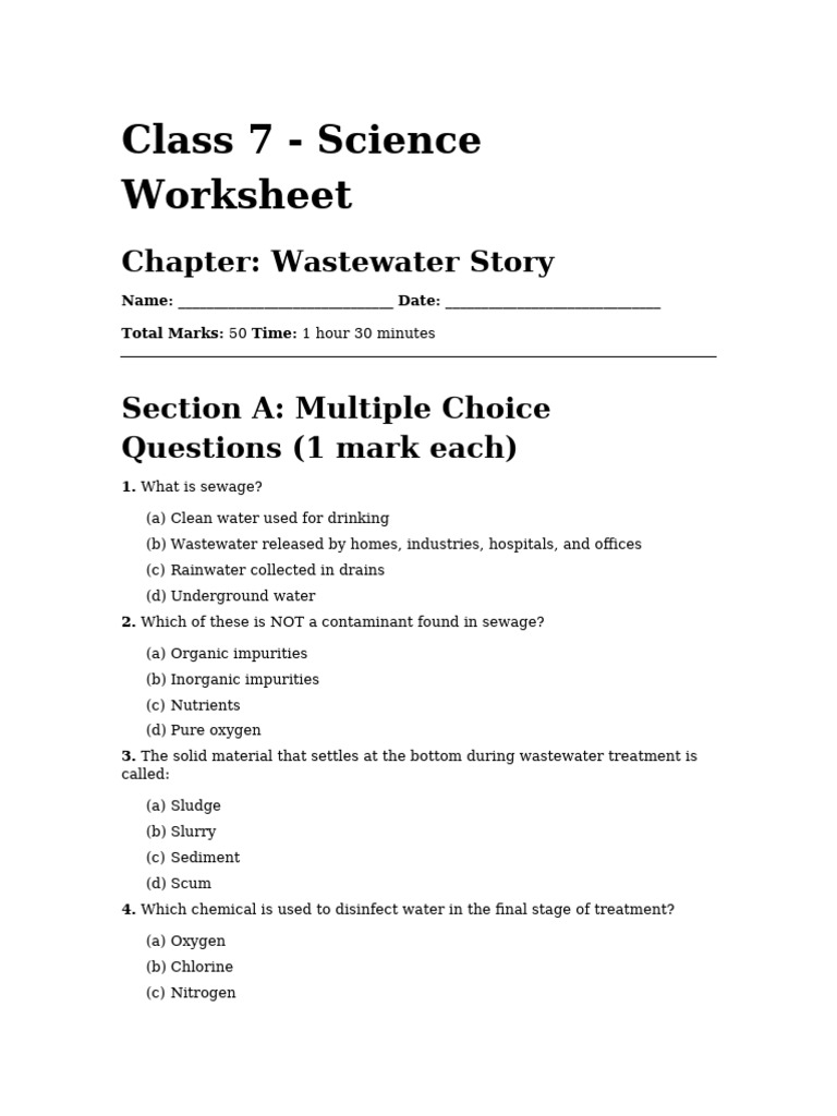 Class 7 - Science Worksheet: Chapter: Wastewater Story | PDF | Sewage ...