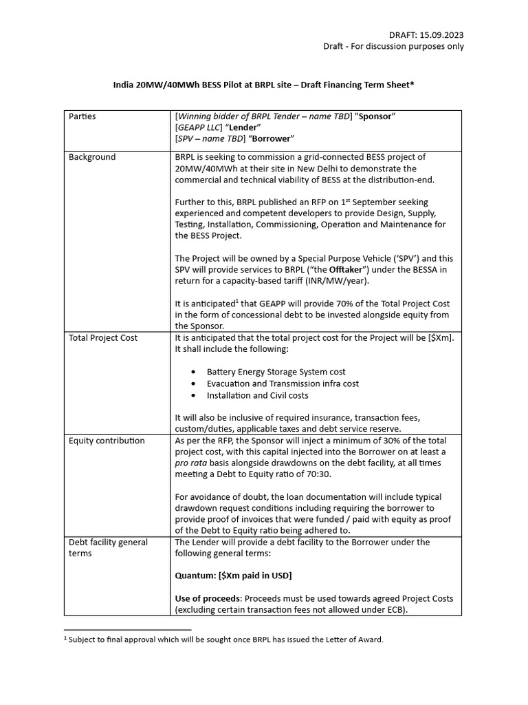 BESS Financing Term Sheet DRAFT | PDF | Debt | Interest