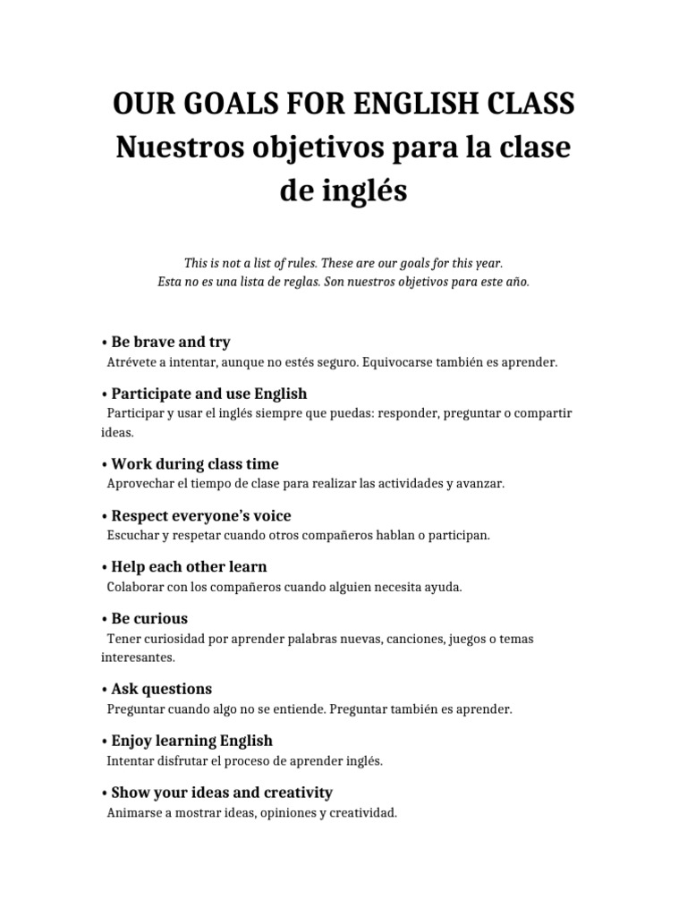 English Class Goals Adolescents | PDF