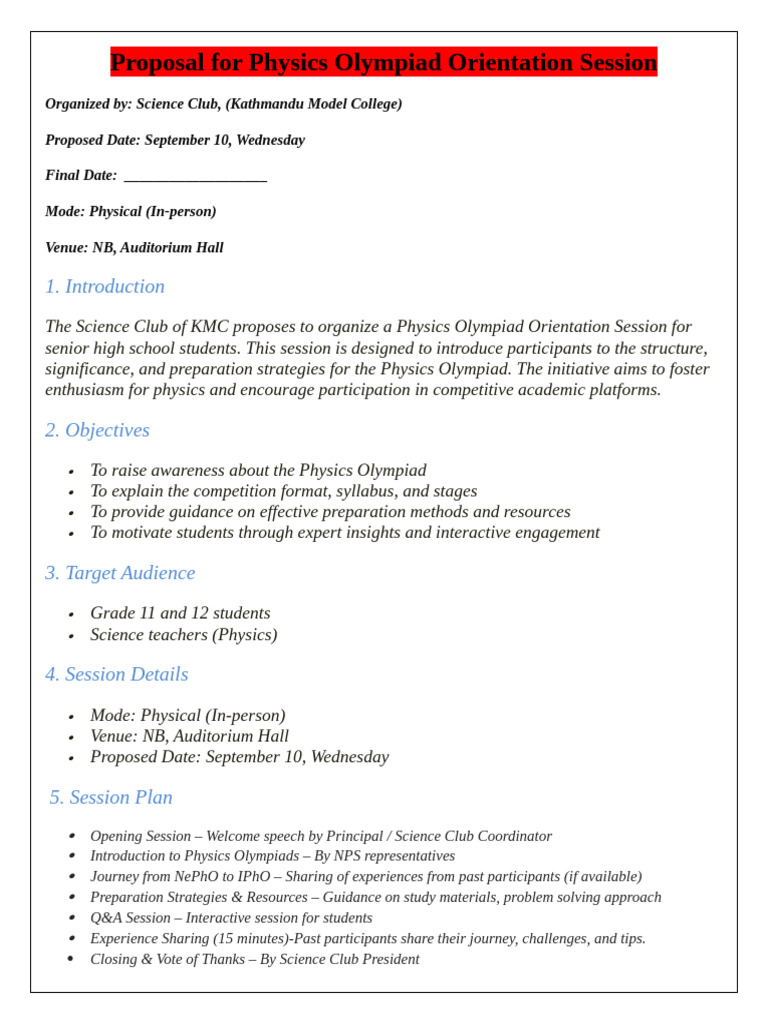 Proposal For Physics Olympiad Orientation Session | PDF | Physics