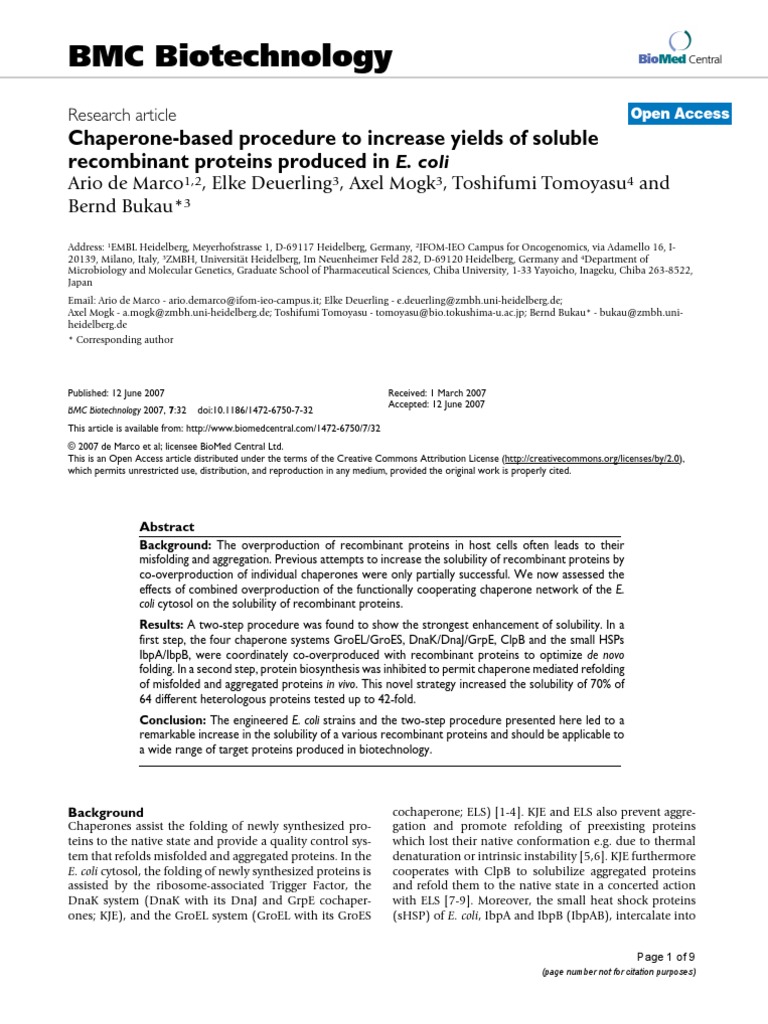 BMC Biotechnology ChaperoneBased Procedure To Increase Yields of