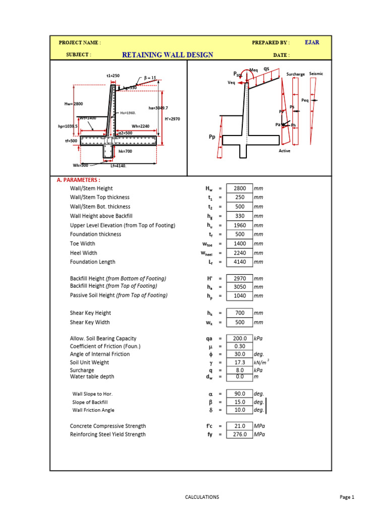 RC Retaining Wall Design - T250-500 - H2800 - FT500 - L4140 - K700 ...