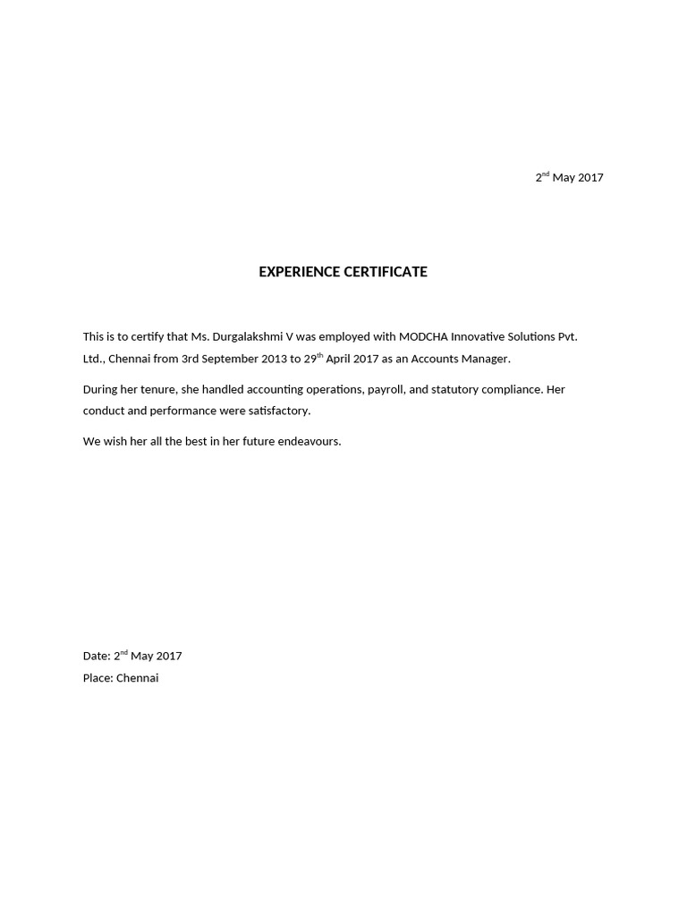 MODCHA Experience Certificate | PDF