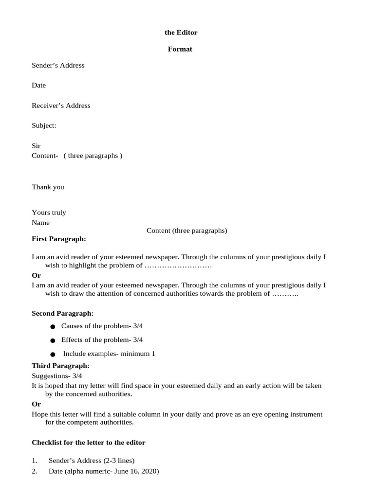 Letter To The Editor - Format, Samples, Practice-Charu - Lesson Notes ...