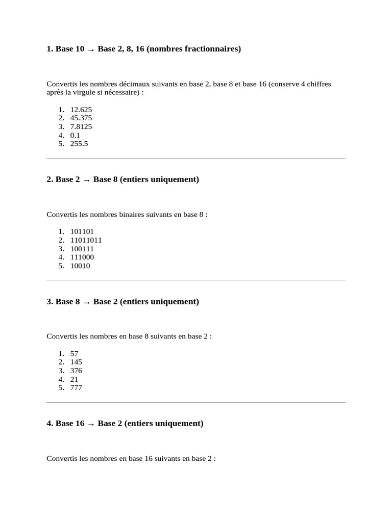 Base 10 Base 2, 8, 16 (Nombres Fractionnaires) | PDF
