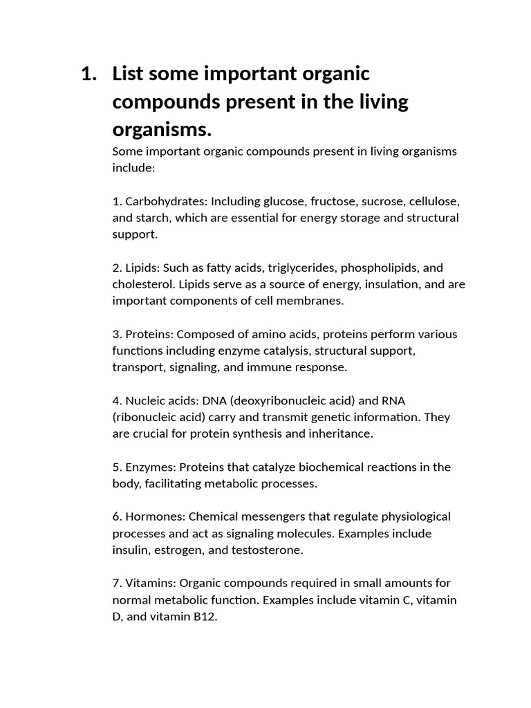 List Some Important Organic Compounds Present in The Living Organisms ...