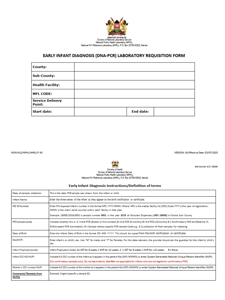 Early Infant Diagnosis (DNA-PCR) Requisition Form - Final | PDF