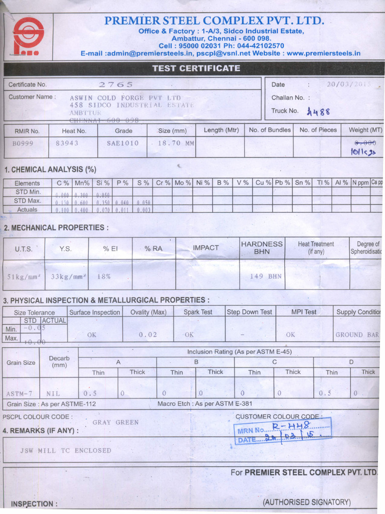 Material Test Report | PDF