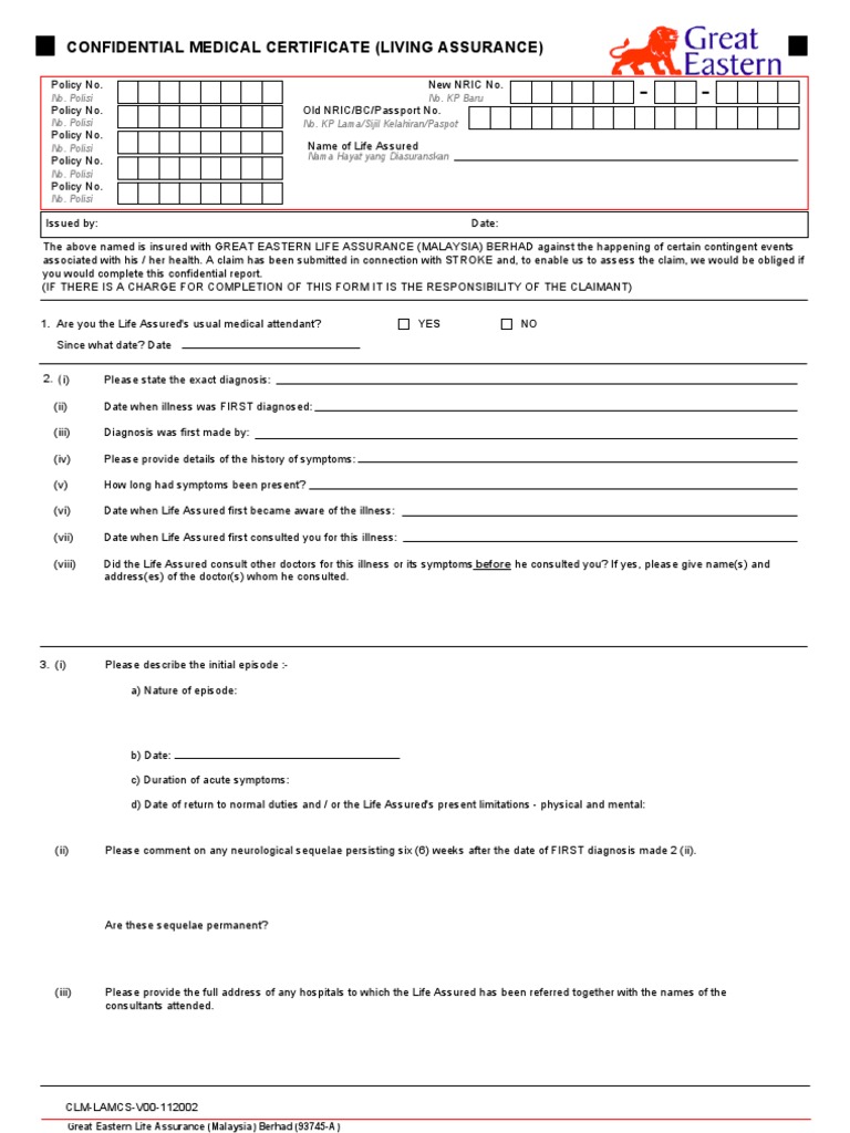 Great Eastern Life Confidential Medical Certificate (Stroke