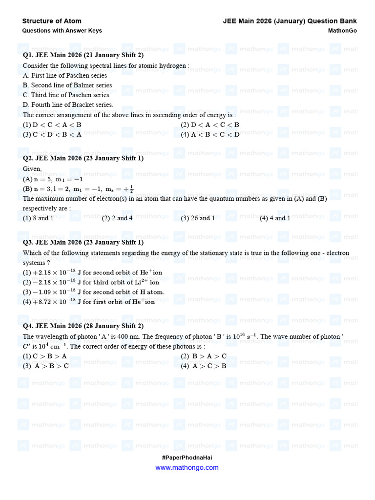 Structure of Atom - JEE Main 2026 (Jan) - MathonGo | PDF | Spectral ...