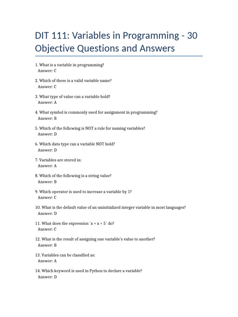 DIT111 Variables Objective Questions | PDF