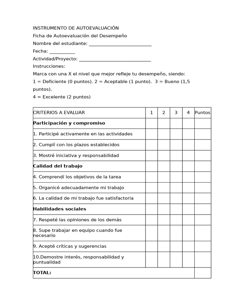 Instrumento de Autoevaluación y Coevaluacion | PDF