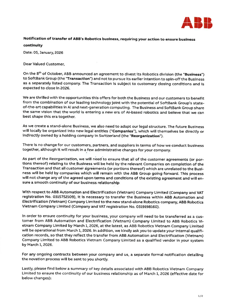 Notice of Transfer of ABB Robotics Business | PDF