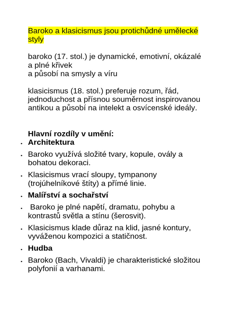 Baroko A Klasicismus Jsou Protichůdné Umělecké Styly-1 | PDF