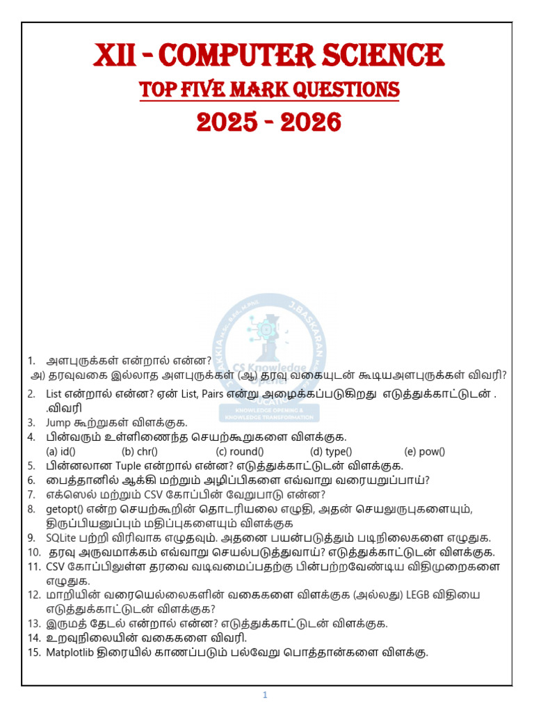 Xii - Cs em - TM Top Five Mark Questions 2025-2026 | PDF