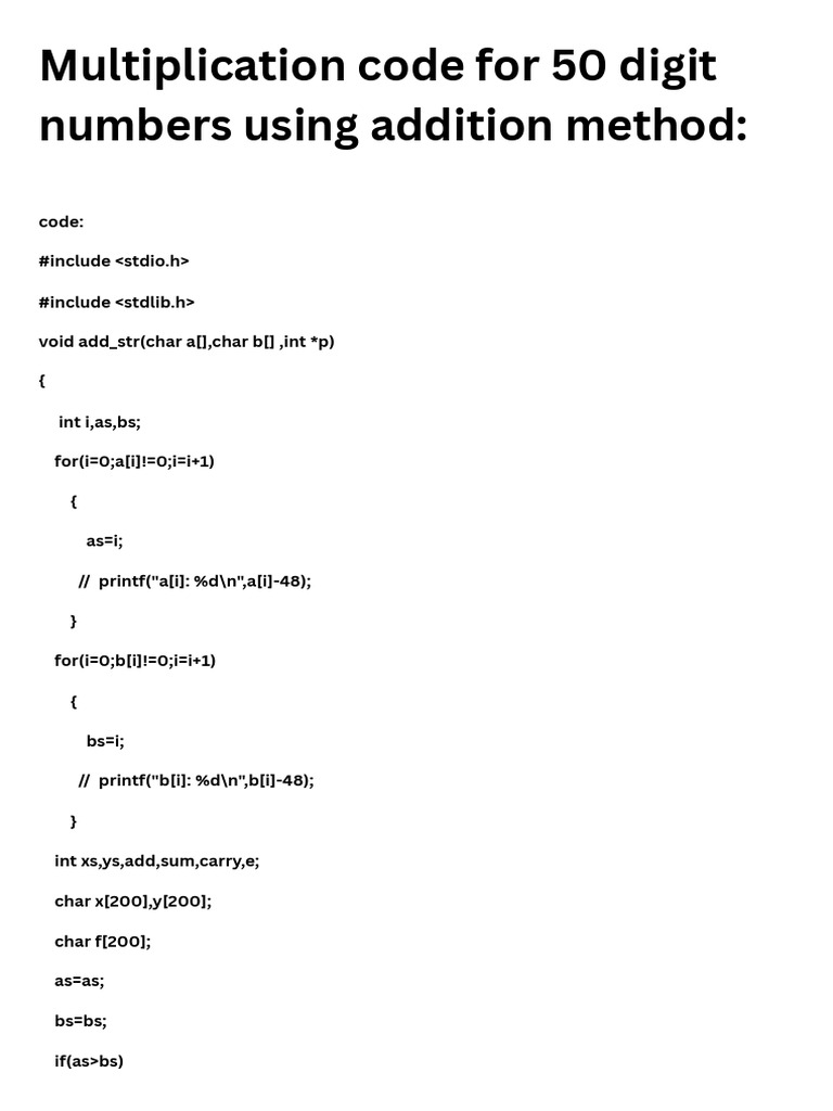 Multiplication Code For 50 Digit Numbers Using Addition Method | PDF ...