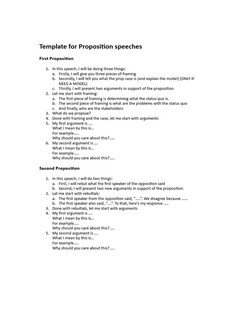 Template For Proposition First and Second Speeches | PDF