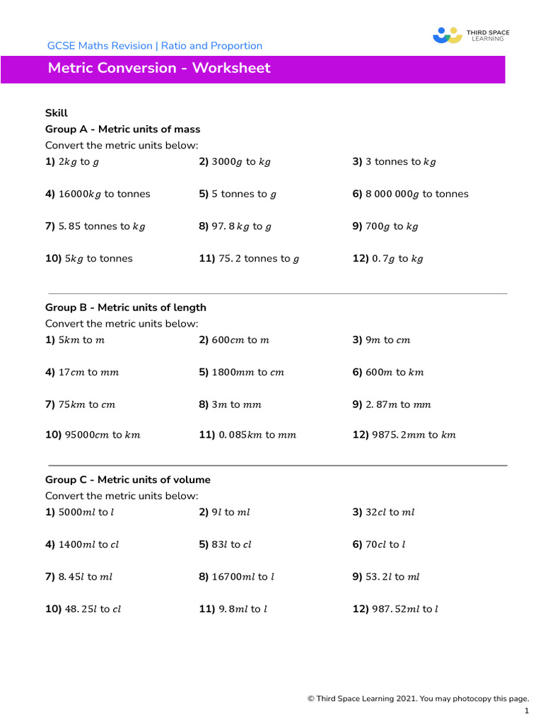 Third Space Learning Metric Conversion GCSE Worksheet | PDF | Litre ...