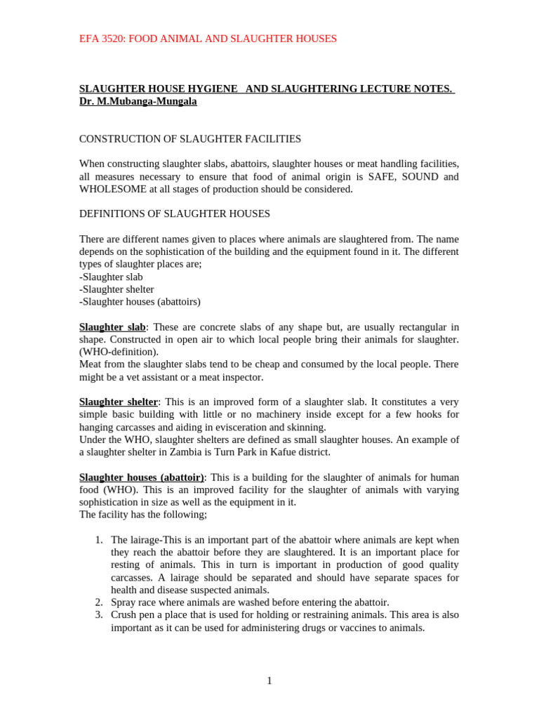 1.slaughter House Hygiene Notes | PDF | Animal Slaughter | Meat