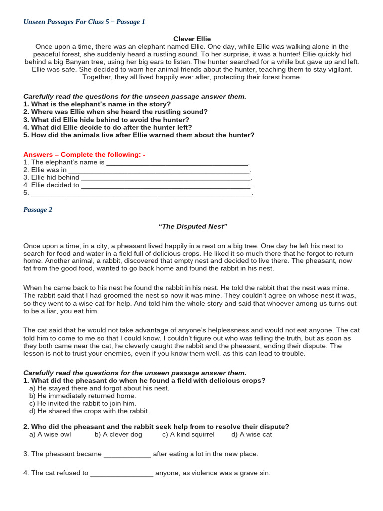 Unseen Passages For Class 5 | PDF | Lion