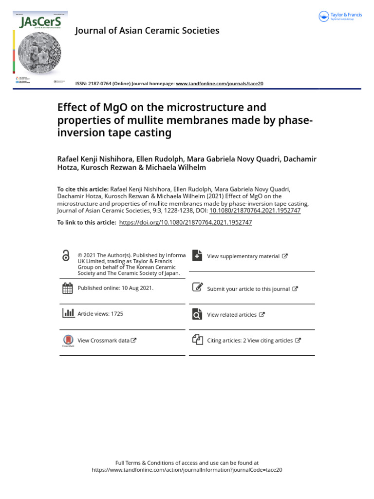 Effect of MgO On The Microstructure and Properties of Mullite Membranes ...