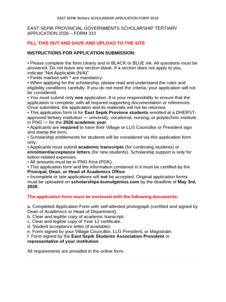 East Sepik Provincial Tertiary Scholarship Application Final Form 2026 ...