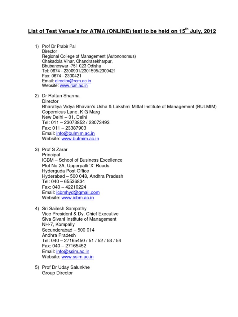 ATMA Test Venues List for 2012 | PDF
