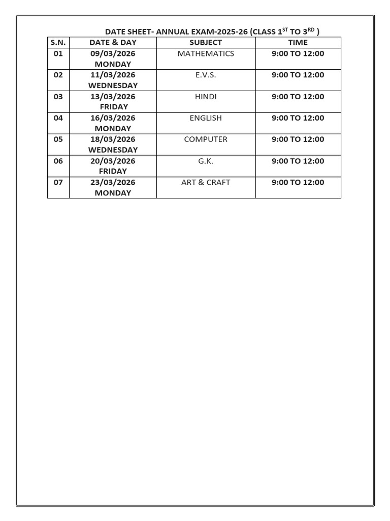 Date Sheet 1 To 3 | PDF