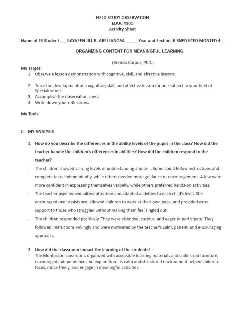 Revised Field Study Observation Sheet | PDF | Learning | Teachers
