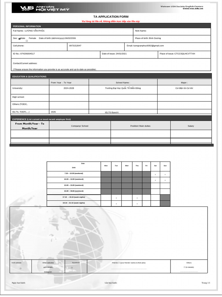 Bản sao của TA APPLICATION FORM | PDF
