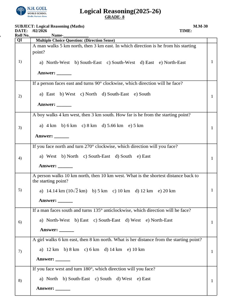 Gr-8 Logical Reasoning WS | PDF | Chess Theory | Elementary Geometry