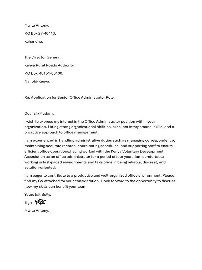 Senior Office Administrator Application Letter | PDF