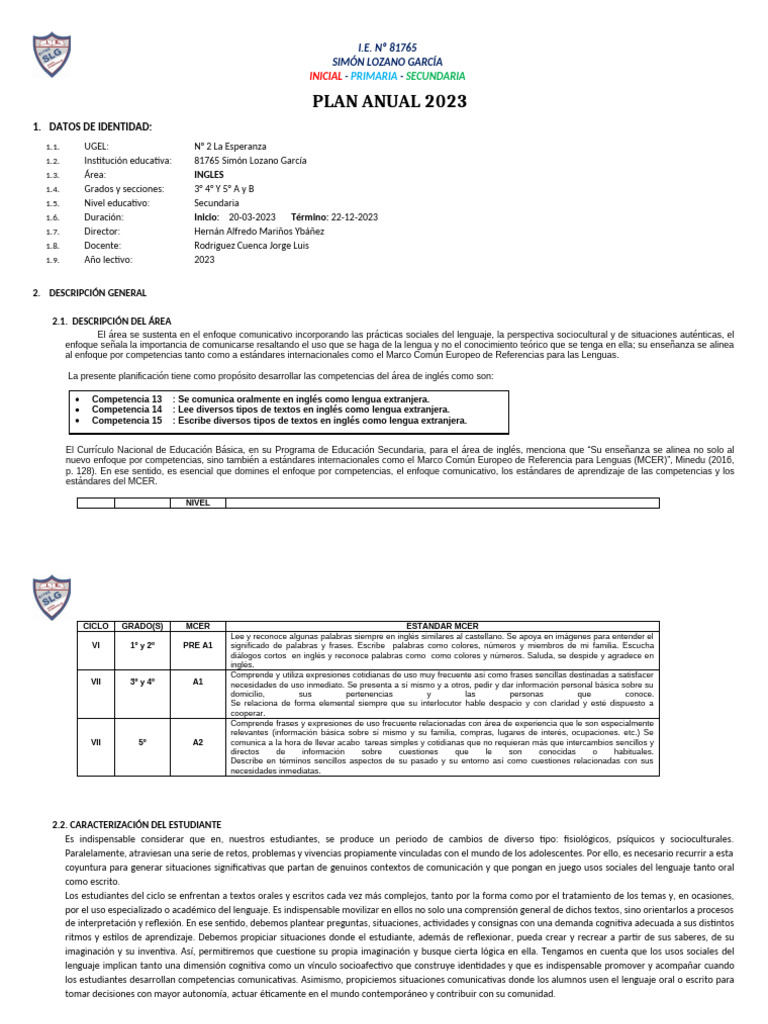 3° 4° y 5° Secund - Plan Anual Ingles 2023 | PDF | Plan de estudios ...