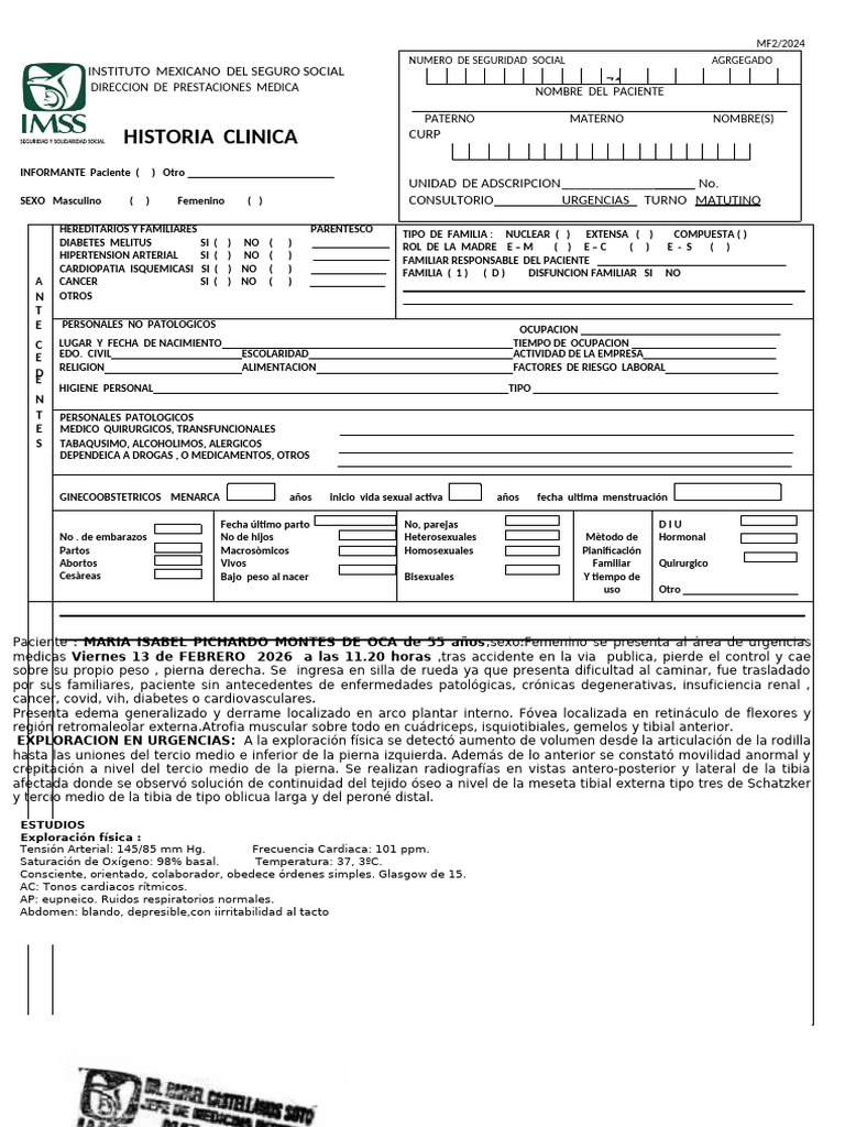 Machote Historia Clinica Imss Fractura de Tibia Picha | PDF | Examen ...