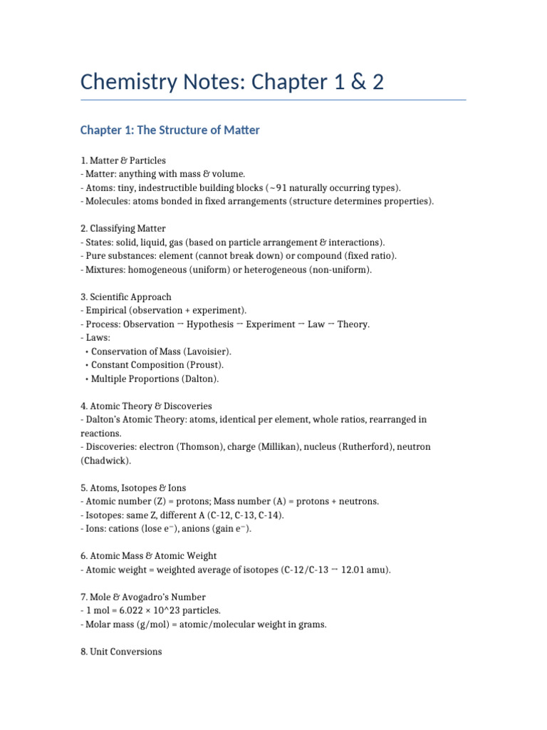 Chemistry Notes Ch1 Ch2 | PDF | Mole (Unit) | Atoms