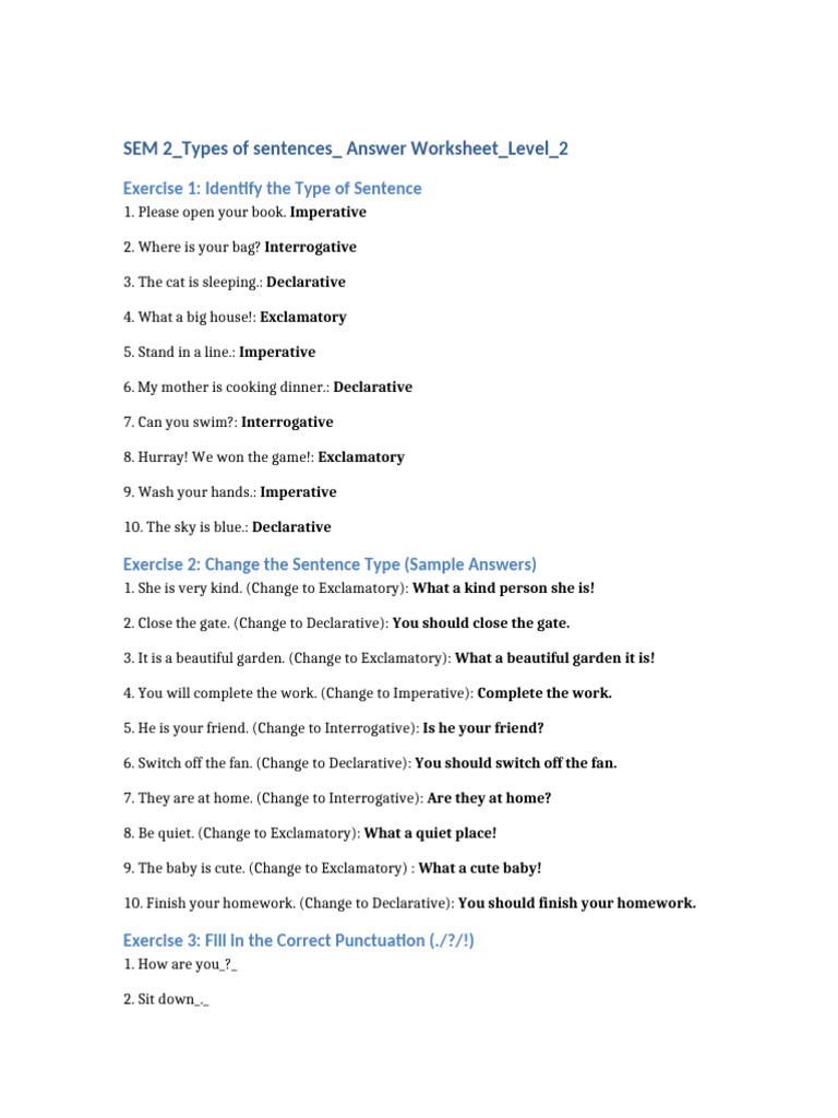 SEM 2 - Types of Sentences - Answer Worksheet - Level - 2 | PDF