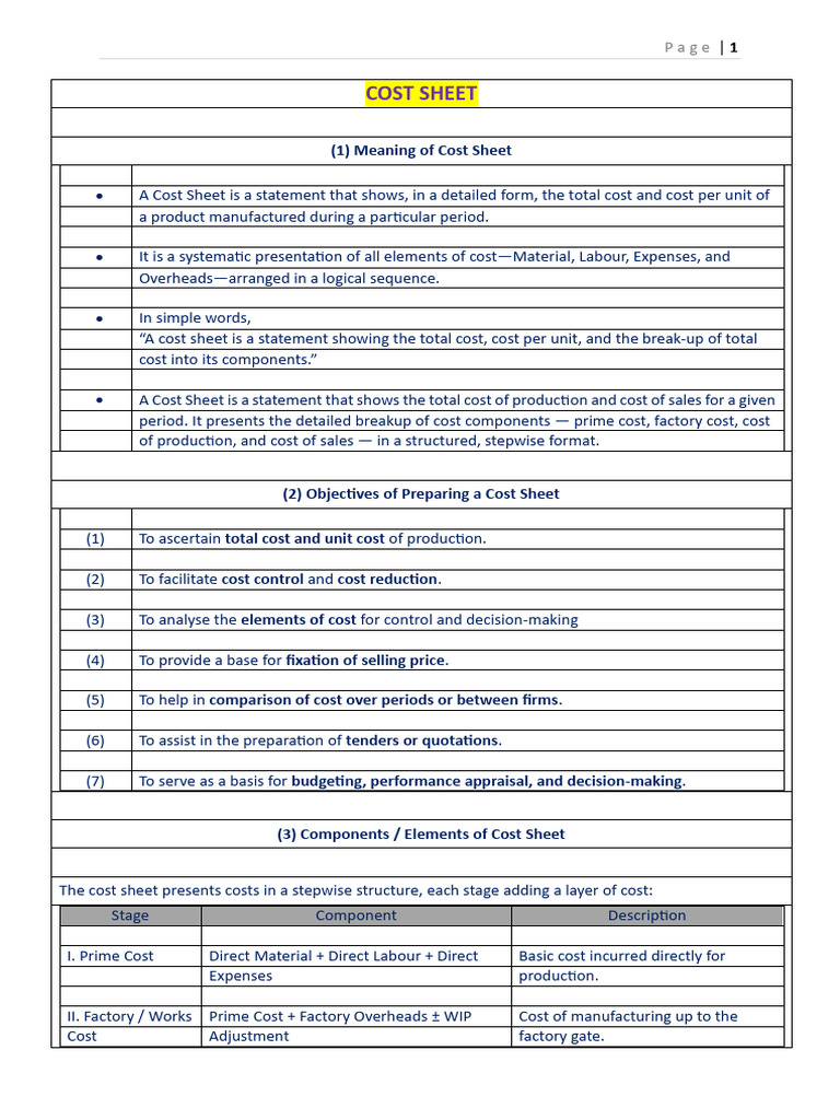 Cost Sheet | PDF | Cost Of Goods Sold | Cost