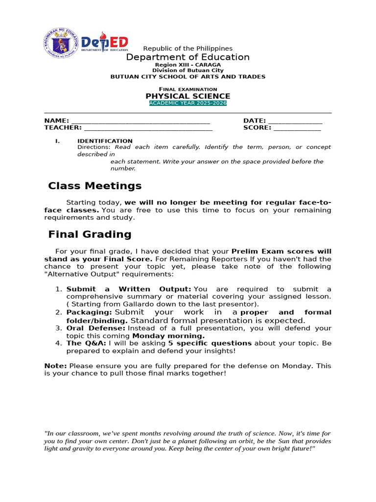 Final Exam for Physical Science | PDF