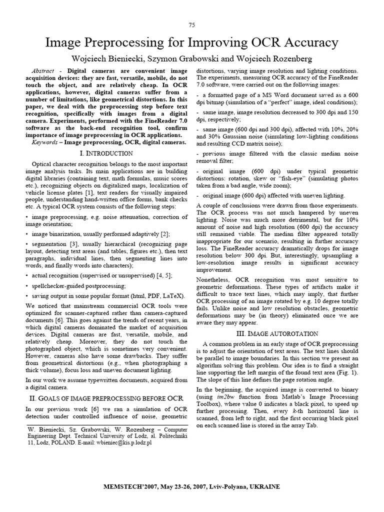 Research Paper - Image Preprocessing For Improving OCR Accuracy | PDF ...