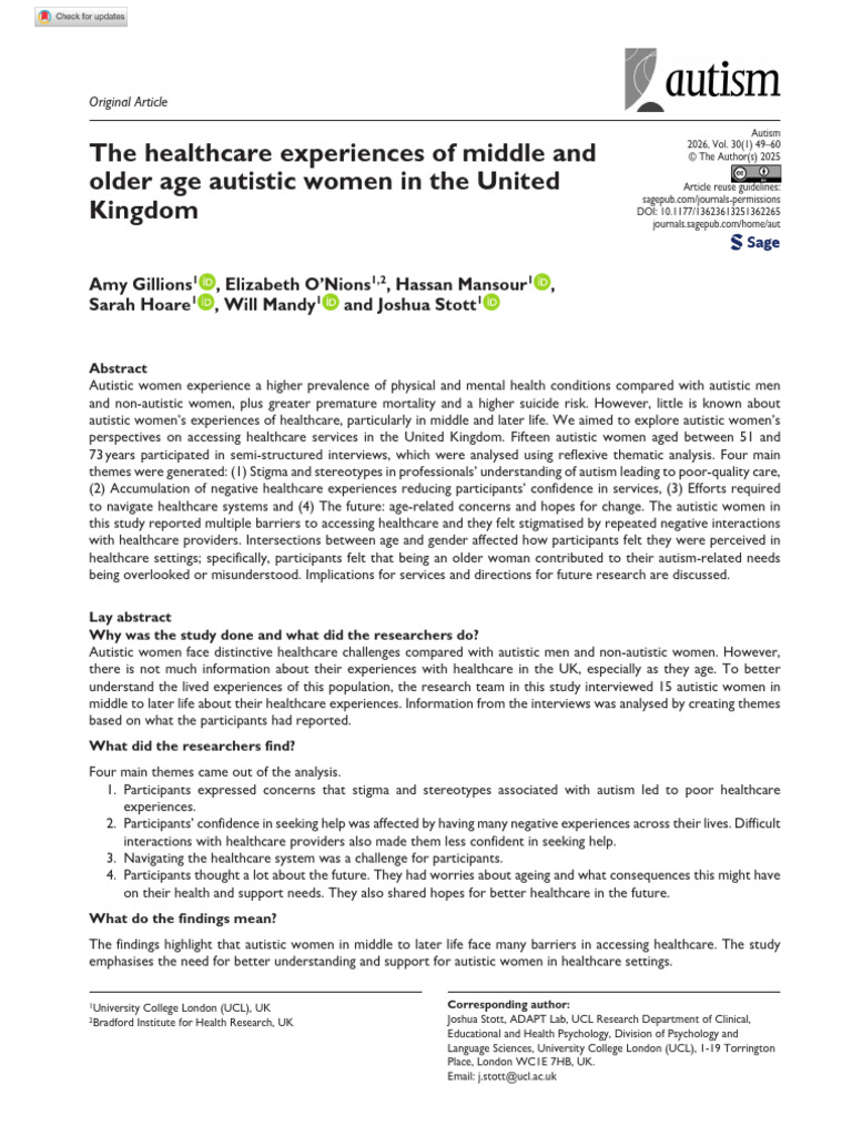 The Healthcare Experiences of Middle and Older Age Autistic Women in ...