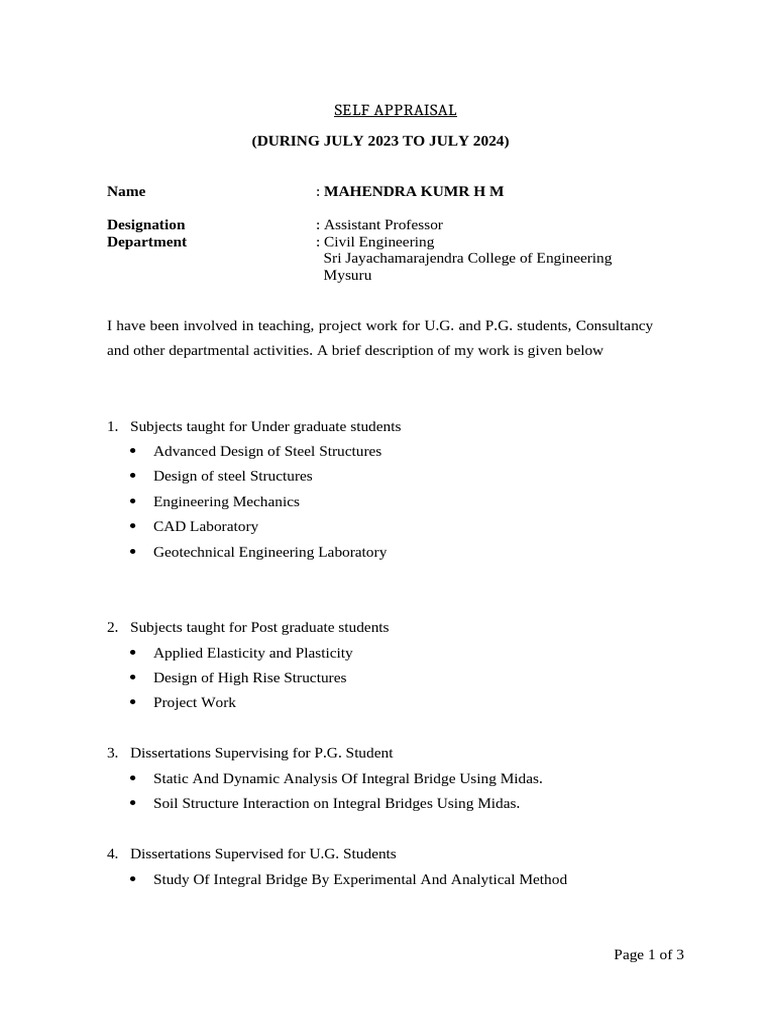 HMMM Self Appraisal of Satish r.2024 | PDF | Engineering | Physical ...