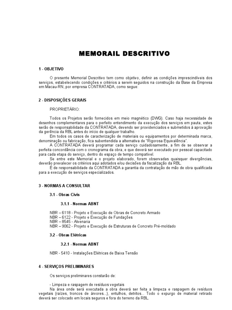 Memorial Descritivo de Construção | PDF | Argamassa (alvenaria ...