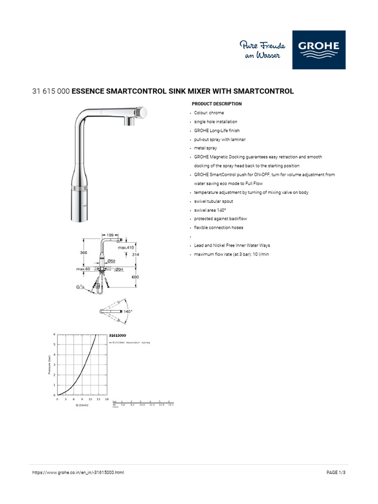 GROHE Specification Sheet 31615000 | PDF | Equipment | Mechanical ...